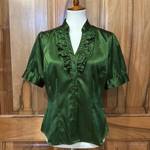 Apt. 9 - Forest Green Satiny Short-Sleeve Blouse, Ruffle Neckline, EUC, PL